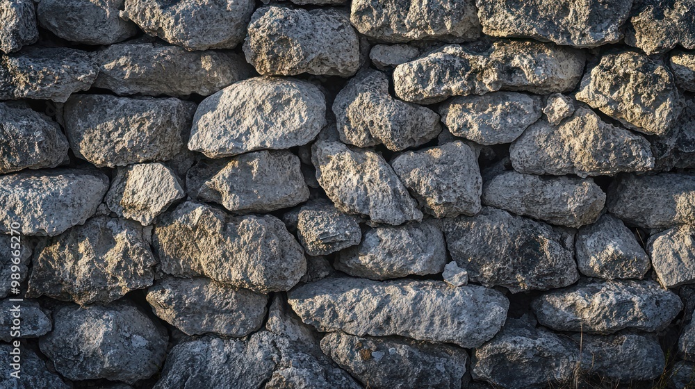 Wall mural A textured stone wall made of irregularly shaped rocks, showcasing natural materials.