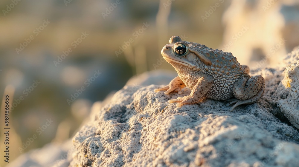 Poster a close-up of a frog resting on a rock in a natural setting during golden hour.