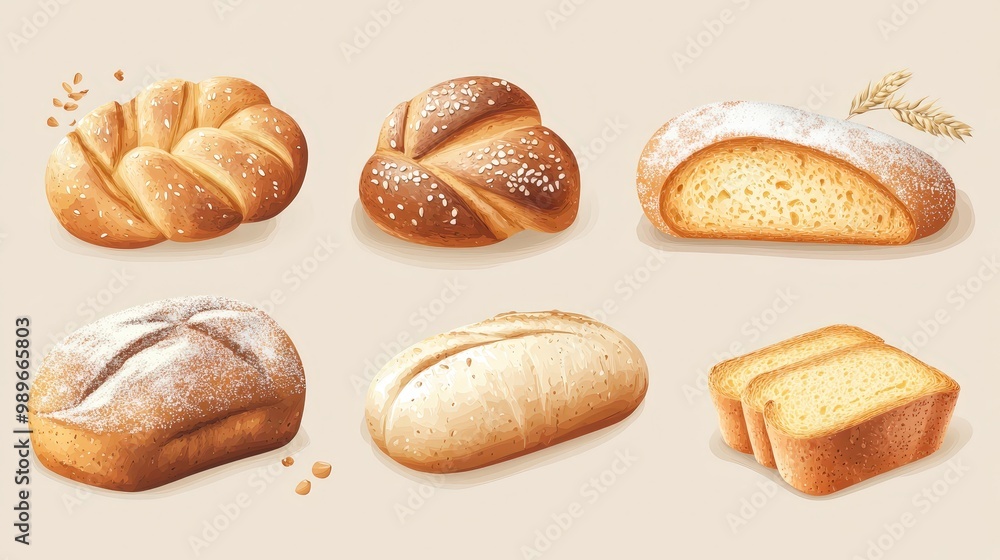 Poster artistic bread mockup template - challah, cornbread, scone, sourdough loaf in flat vector style with