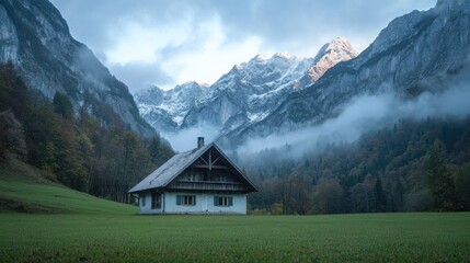 Obraz premium A serene mountain landscape featuring a quaint house amidst lush greenery and majestic peaks.