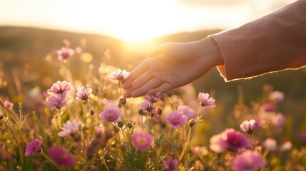 Fototapeta premium A hand gently touches blooming flowers in a sunlit field, symbolizing connection with nature.