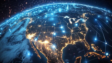 A stunning visual representation of glowing network lines and illuminated cities across the United States at night, depicting connectivity and technology advancements.