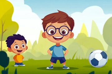The image shows two animated boys, one standing proudly with a soccer ball and another smaller boy beside him, both smiling in a bright and cheerful outdoor setting.