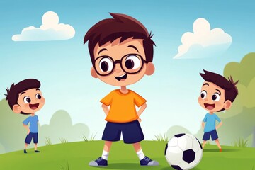 Illustration of three children playing soccer on a grassy field with a bright sky and clouds, emphasizing outdoor play and teamwork, surrounded by a vibrant environment.