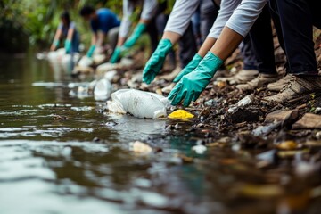The image depicts volunteers wearing green gloves, diligently cleaning a polluted river from debris and plastic waste, highlighting community efforts towards environmental conservation and clean-up.