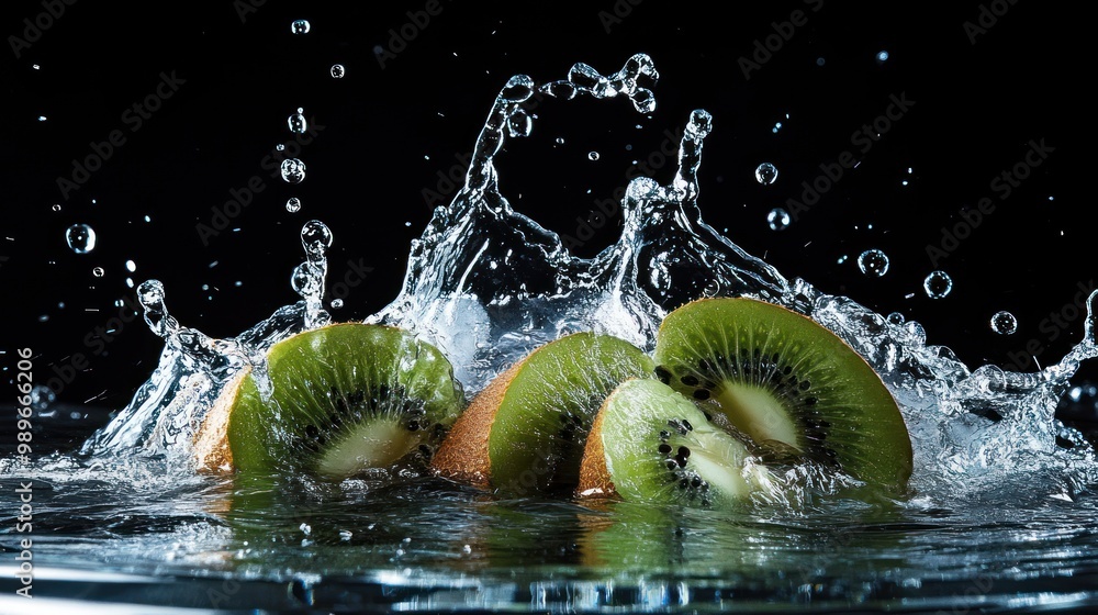 Poster slices of kiwi splashing into water, creating dynamic droplets and ripples.