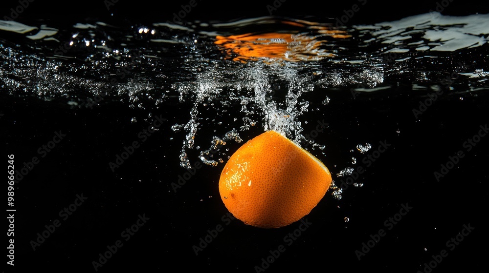 Poster an orange splashes into water, creating dynamic ripples and bubbles against a dark background.