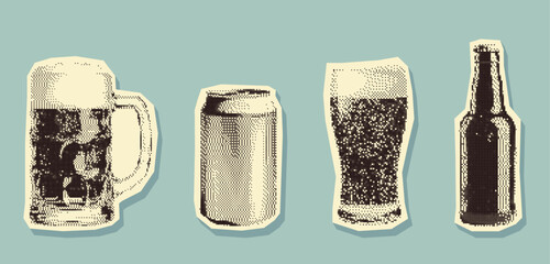 Retro halftone beer mug, can, glass, and bottle. Pop art set. Pixel, photocopy effect. Grunge bitmap texture. Perfect for Oktoberfest designs, pub advertisements, bar promotions and branding.