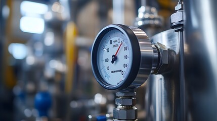 A sharp close-up of a temperature gauge attached to a stainless steel tank, emphasizing the clarity of the digital readout against the industrial metal surface