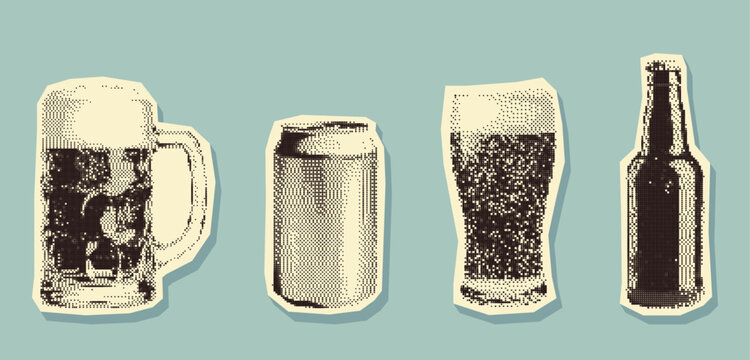 Retro halftone beer mug, can, glass, and bottle. Pop art set. Pixel, photocopy effect. Grunge bitmap texture. Perfect for Oktoberfest designs, pub advertisements, bar promotions and branding.