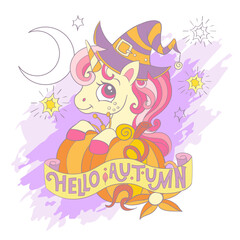 Halloween card with unicorn sitting in a pumpkin vector illustration