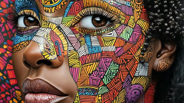 A close-up portrait of a woman with colorful geometric patterns painted on her face