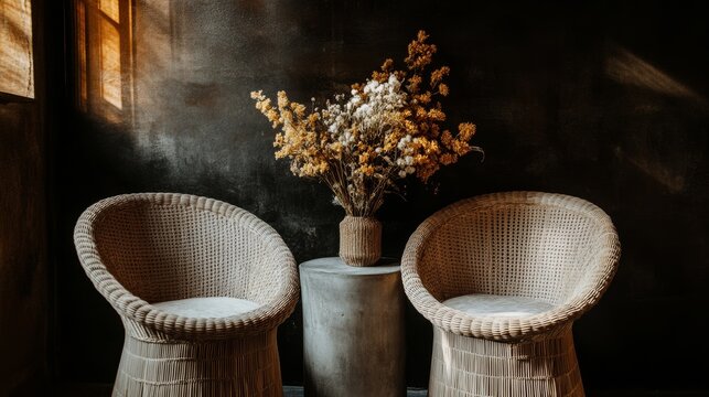 A serene setup featuring minimalist wicker chairs arranged around a simple table, beautifully accented with fresh flowers arrangement, creating a tranquil atmosphere ideal for relaxation, modern decor