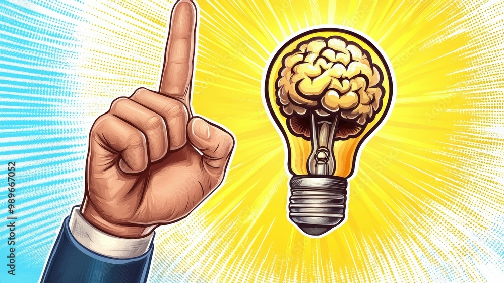 Aufkleber a hand pointing to a light bulb with a brain on it