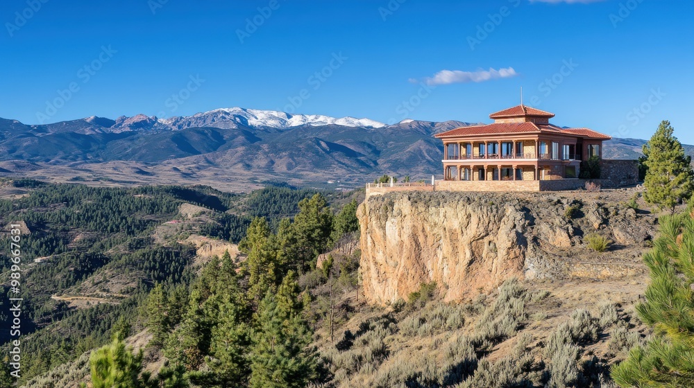 Poster Scenic view of a building perched on a cliff with mountains in the background.