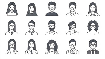 Collection of Minimalist Black Line Icons of Business People  in Office Attire on a White Background