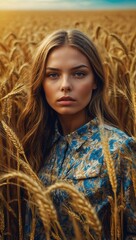 Woman with flowing hair in floral top standing in wheat field