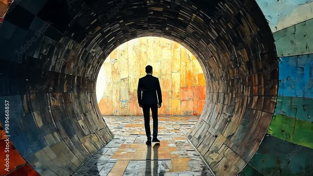 Poster Man Walking Through a Circular Tunnel Towards a Vibrant Wall Generative AI