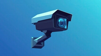 Surveillance Concept: Low Poly Wireframe CCTV Camera Design in 2D Flat Vector Art on Blue Background