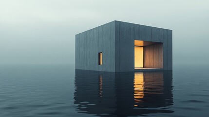 Fototapeta premium Minimalist cube home with dark gray concrete walls, thin horizontal windows, set against a cloudy sky, sharp edges and clean lines, Photorealism, Cool tones, 3D rendering