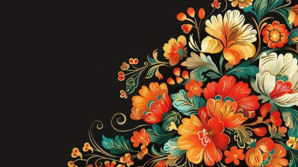  Floral Palekh style illustration on black background featuring vibrant colors and intricate Russian art elements