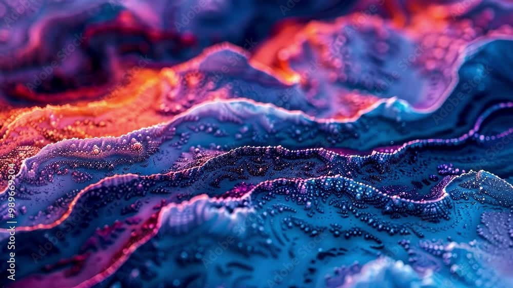 Poster colorful digital landscape representing a neural network forming, with peaks and valleys made of int