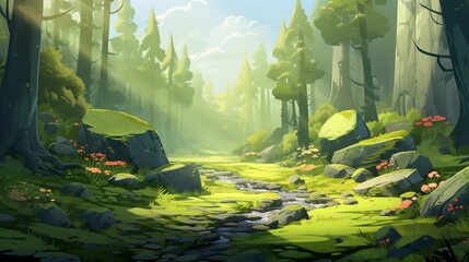 Obraz premium Sunlit Forest Path with Stream and Mossy Rocks