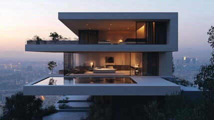 Fototapeta premium Minimalist cube house with cantilevered balconies, floor-to-ceiling corner windows reflecting a cityscape, futuristic design, dusk lighting, 3D rendering, sharp lines