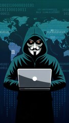 Anonymous Hacker in Hoodie Engaged in Global Cybersecurity Breach – Cyber Criminal Manipulating Data with Worldwide Digital Threat Visualization and Security Icons, Binary Numbers In Background.