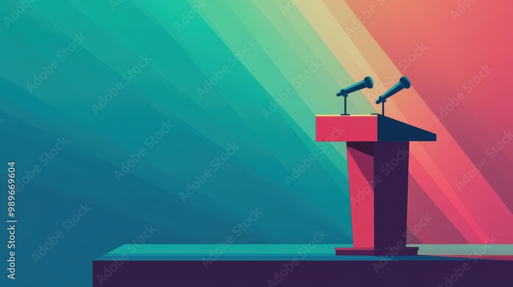 Poster modern stage setup with lectern and microphones for speaker's presentation in simple 2d flat vector 