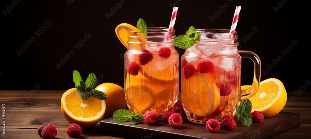 Poster refreshing raspberry lemonade served in mason jars with oranges and mint in a cozy setting