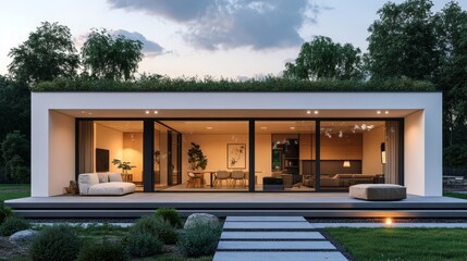 Fototapeta premium Minimalist white cube house with a lush green roof, large glass sliding doors opening onto a modern patio, bathed in soft natural light, Scandinavian, Photorealism, Soft colors