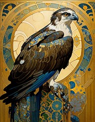 Art Nouveau illustration of an osprey in profile in an ornate golden background