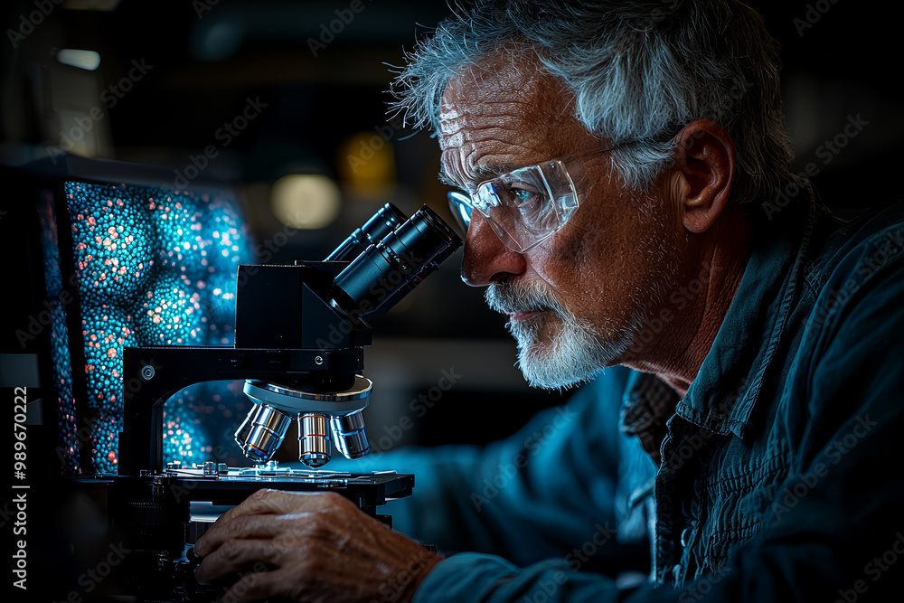 Poster a biologist observing cellular interactions under a super-resolution microscope. concept of advanced