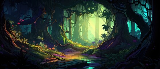 Fototapeta premium Lush Tropical Rainforest with a Stream Winding Through Dense Foliage