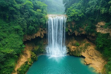 Naklejka premium Majestic Waterfall in Lush Tropical Rainforest