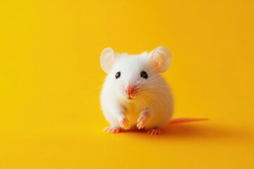 A cute white mouse on a yellow background with copy space.