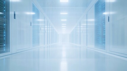 Server Room Corridor: A futuristic view of a server room, a high-tech environment, showcasing the organized and efficient infrastructure, with rows of servers creating an immersive and detailed image.