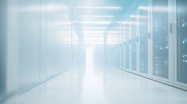 Data Center Corridor: A modern data center hallway, radiating cool, ethereal light. Rows of secure server racks line the passage, hinting at vast digital networks, technological innovation.