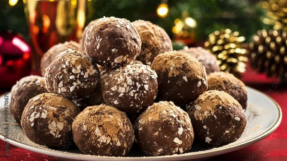 Poster chocolate truffles with cocoa powder and coconut flakes standing on plate on red tablecloth with chr
