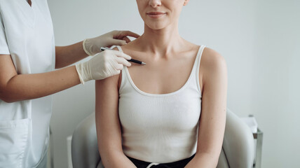 Fototapeta premium A woman is sitting in a chair while a doctor performs a procedure on her. The woman is relaxed and comfortable, and the doctor is wearing gloves and a mask