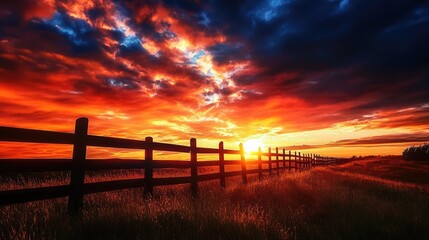 Fototapeta premium A dramatic shot of a fence silhouetted against a fiery sunset, with clouds reflecting vibrant colors, creating a captivating and emotional scene.