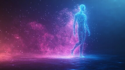 Fototapeta premium A luminous capsule dissolving mid-air, shimmering particles form a human silhouette, symbolizing futuristic healingSci-fi, neon blue and purple hues, soft glow