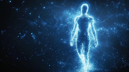 A luminous capsule dissolving mid-air, shimmering particles form a human silhouette, symbolizing futuristic healingSci-fi, neon blue and purple hues, soft glow