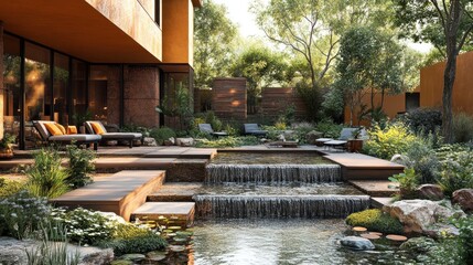 Modern Patio Oasis with Cascading Waterfall