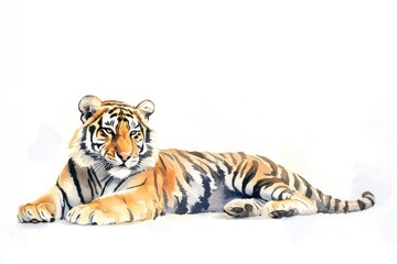 Obraz premium Tiger's Regal Repose: Capturing the power and elegance of a majestic tiger in a moment of serene repose. Witness the striking detail of its iconic stripes and piercing gaze.
