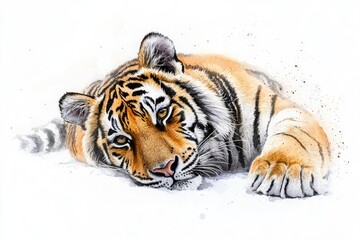 Obraz premium Striking Tiger Portrait: A captivating watercolor illustration of a majestic tiger, its eyes piercing with intensity, resting calmly in a serene pose.