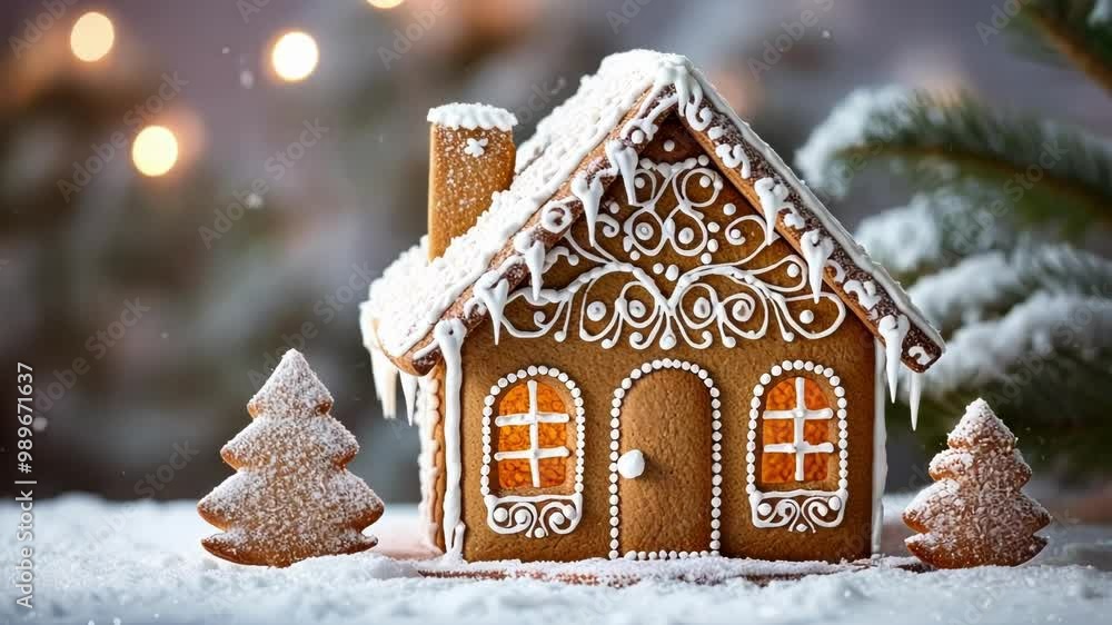 Poster Gingerbread house is standing on a snow covered surface with gingerbread trees on each side, snow is falling and christmas lights are sparkling in the background