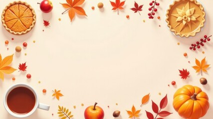 Autumn thanksgiving day border with pumpkin pie, coffee, and colorful leaves celebrating gratitude