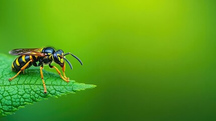 Fototapeta premium close-up macro of wasp on green leaf